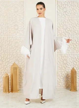 Faux Feather Pearl Trim Textured Abaya 