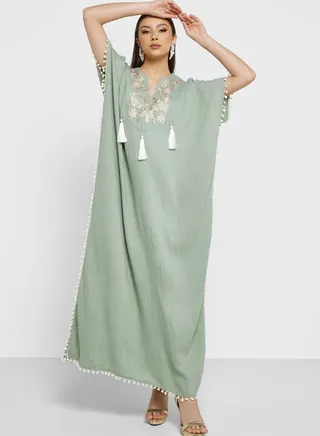 Embroidered Cape Sleeve Fringe Detail Abaya 
