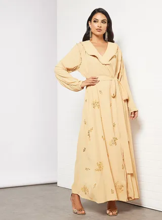 Cut-Work Embroidered Belted Abaya Yellow 
