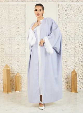 Faux Feather Pearl Trim Textured Abaya 