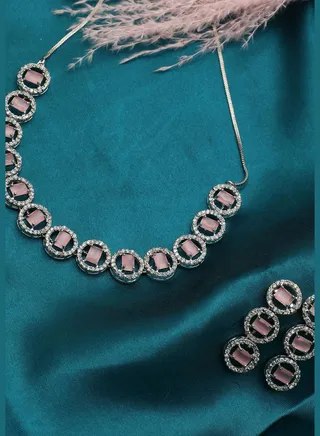 Silver Plated American Diamond and Designer Stone Necklace and Earring Set