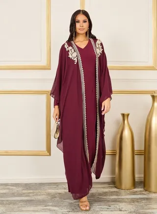 Embroidered Patch Pearl Lace Trim Abaya and Jumpsuit Set 