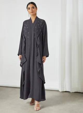 Embellished Ruffle Abaya Grey 