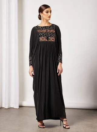 Jersey Abaya With Contrasting Panel And Front Embroidery 