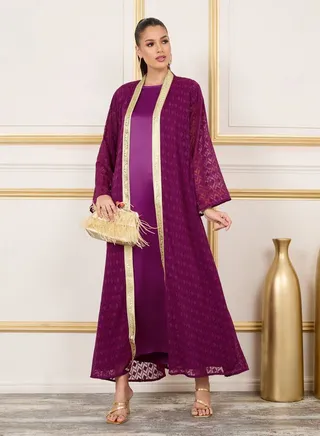 Diamond Texture Dobby Abaya and Satin Inner Dress Set 