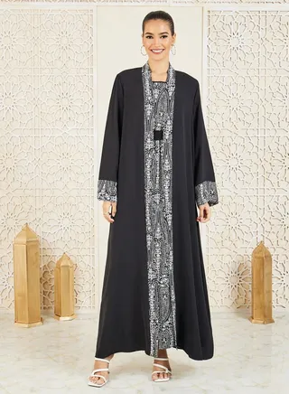 Pack of 2 - Printed Abaya and Smocked Waist Inner Dress Set 