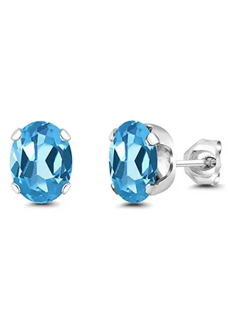 925 Sterling Silver 2.60 Carat Oval Swiss Topaz Birthstone Stud Earrings 