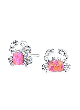 925 Sterling Silver Nautical Sand Crab Beach Opal Stud Earrings 