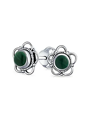 Small Round Bali Style Open Flower Forest Green Malachite Stone Stud Earrings Oxidized 925 Sterling Silver 8mm 