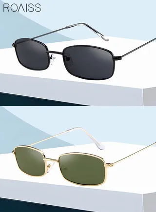 2 Pack Vintage Narrow Rectangle Sunglasses UV400 Protection Trendy Eyewear for Men Women Outdoor Party Street Photography Black Grey and Gold Green 