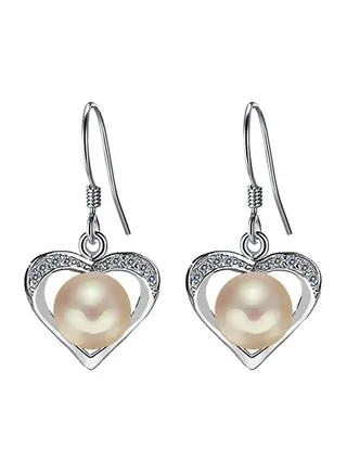 925 Sterling Silver Pearl Cubic Zirconia Studded Heart Dangle Earrings 