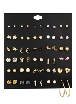 30 Pairs Assorted Stainless Steel Stud Earrings, Hypoallergenic Flatback Earrings for Teens Girls Women-Pearls, diamonds, flowers, unicorns, hearts, earrings 