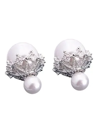 Double Sided Imitation Pearl Hollow Flower Ear Stud Earrings 