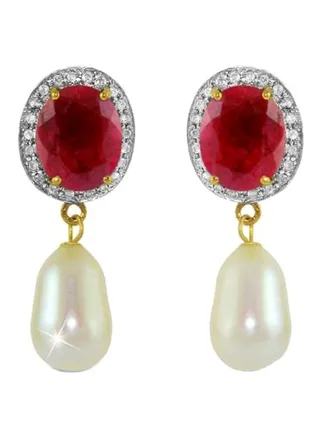 18 Karat Gold 0.24Ct Diamond Ruby And Pearl Studded Earrings 