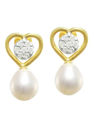 18K Solid Gold 0.14Ct Diamond And Pearls Solitaire Heart Earrings 