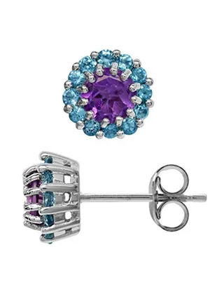 Petite Amethyst And London Topaz White Gold Plated Flower Cluster 925 Sterling Silver Earrings 