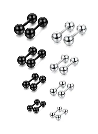 8 Pairs Stainless Steel Ball Stud Earrings Barbell Cartilage Helix Ear Piercing 3-6mm White/Black 20G 