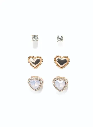 Set of 3 - Embellished Heart Earrings 