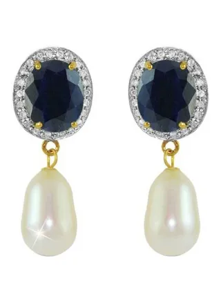 18 Karat Gold Diamond Oval Sapphire And Pearl Studded Earrings 