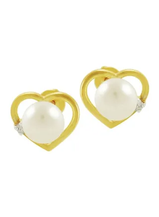 18 Karat Gold Diamond And Pearl Studded Heart Shape Earrings 