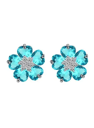 Flowers Stud Earrings with Blue Simulated Aquamarine Zirconia Crystals18 ct White Gold Plated for Women 