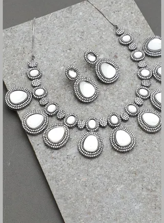 Silver Plated Designer Stone Necklace and Earring Set