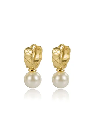 18K Gold Checkered Pearl Earrings for Women 
