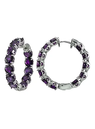 925 Sterling Silver African Amethyst Studded Hoop Earrings 
