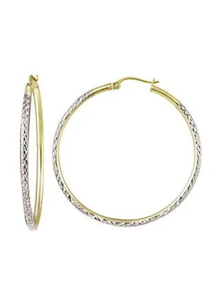 925 Sterling Silver Two Tone Diamond Cut Round Hoop Earrings 