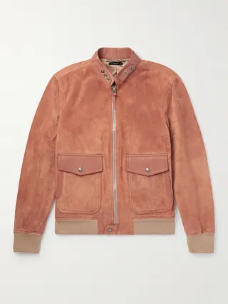 Slim-Fit Leather-Trimmed Suede Bomber Jacket