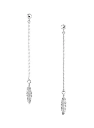 925 Sterling Silver Feather Leaf With Long Thin Linear Beaded Ball Chain Earrings 