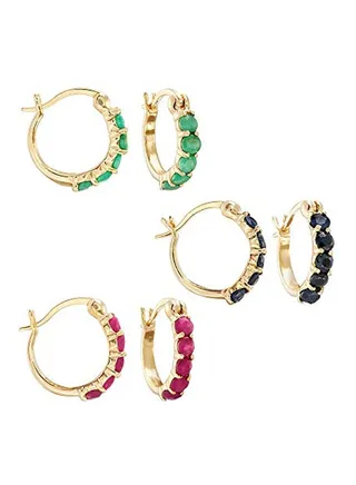 Set Of 3 925 Sterling Silver 18 Karat Gold Plated Stone Studded Huggie Hoop Earrings 