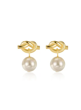 18K Gold Vintage Knot Pearl Earrings For Women 