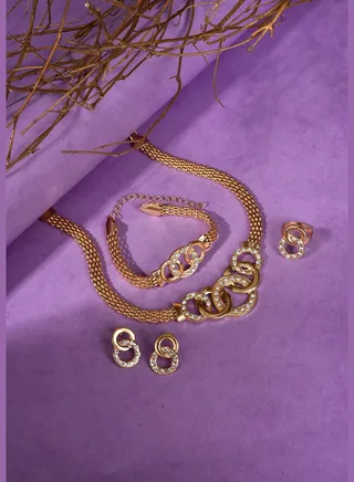 Gold Plated Designer Stone Necklace, Earrings, Bracelet and Ring Set