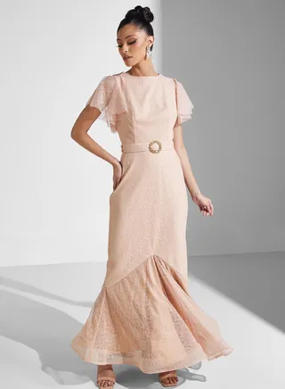 Flared Sleeve Mesh Belted Dress 