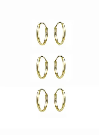 Set Of 3 14 Karat Gold Lightweight Thin Round Unisex Hoop Earrings 