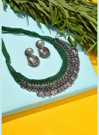 Silver Plated Beaded Necklace and Earring Set