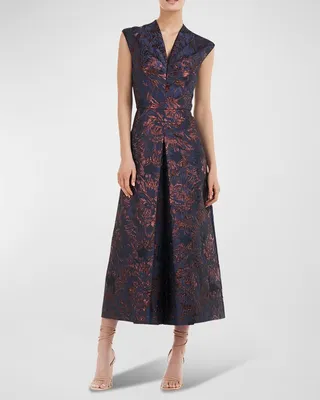 Pleated Metallic Jacquard Midi Dress