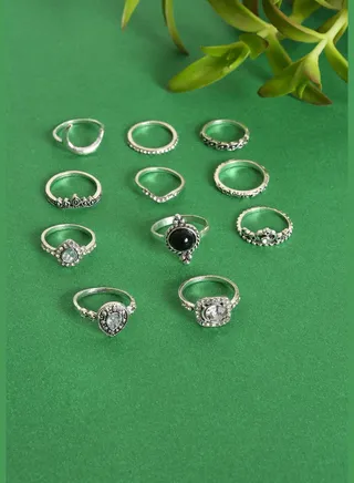 Pack of 11 Silver Plated Designer Stone Ring