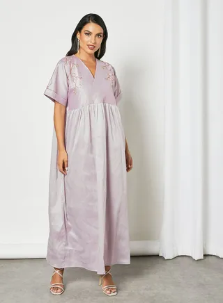 Beads Embellished Detail Tie Waist Maxi Dress Light Pink 