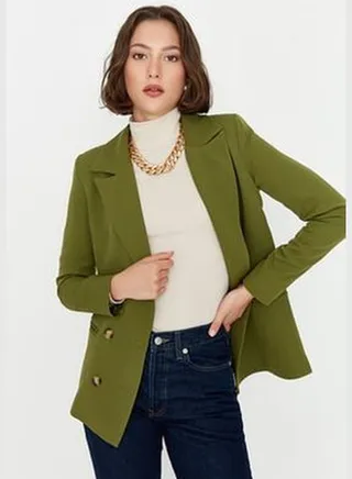 Khaki Regular Lined Double Breasted Closure Woven Blazer Jacket TWOSS21CE0029