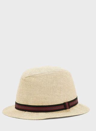 Stripe Detail Straw Fedora Hat 