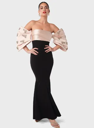 Embellished Sleeve Off Shoulder Dress