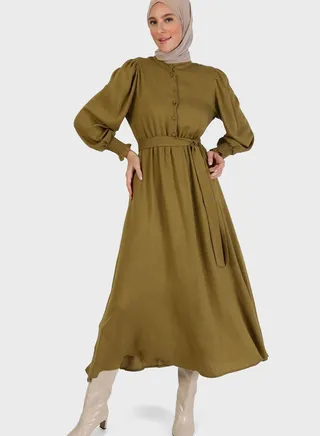 Shirred Balloon Sleeve Belted Dress 