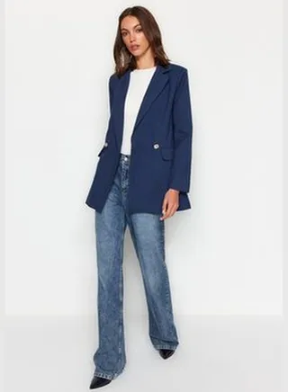 Navy Blue Premium Woven Blazer with Buttons TWOAW24BC00075