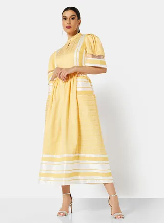 Puff Sleeve Self Fabric Midi Dress Yellow 