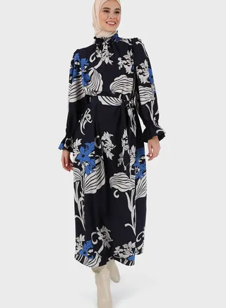Floral Print High Neck Puff Sleeve Dress 