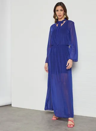 Tie-Up Neck Sheer Dress Blue 