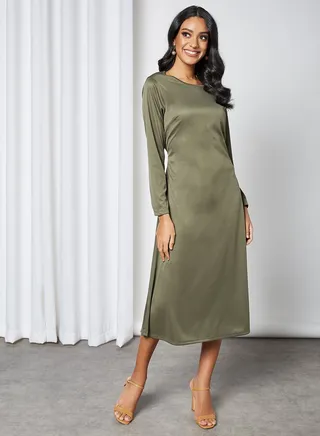 Basic Maxi Dress With Waist Tie Khaki Green 