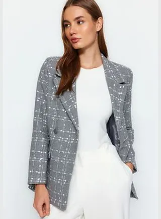Gray Oversize Woven Plaid Blazer Jacket TWOAW21CE0105